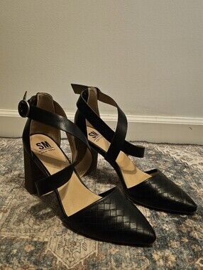 SM New York Black Woven Calliope Chunky Block Heel Pumps 9.5